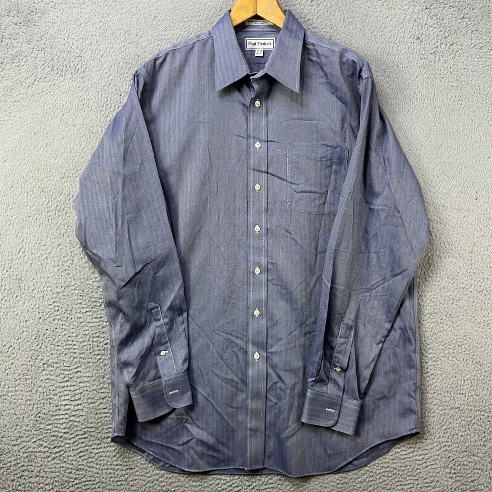 Paul Frederick Mens 17-37 Shirt Dress Blue Herringbone Pocket Fast Shipping EUC